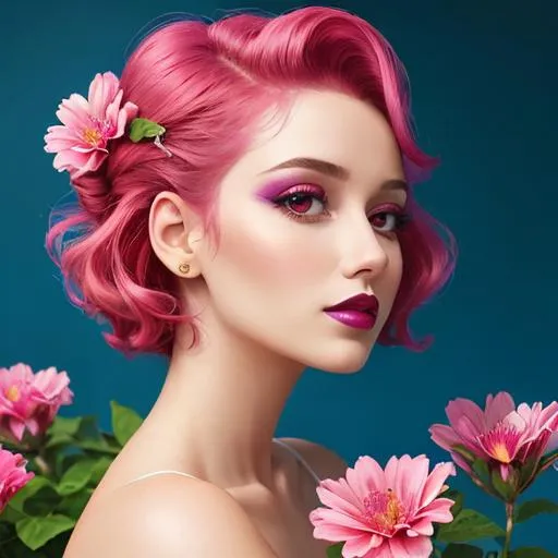 Prompt: a beautiful woman , lots of pretty pink flowers, magenta hair, magenta lips