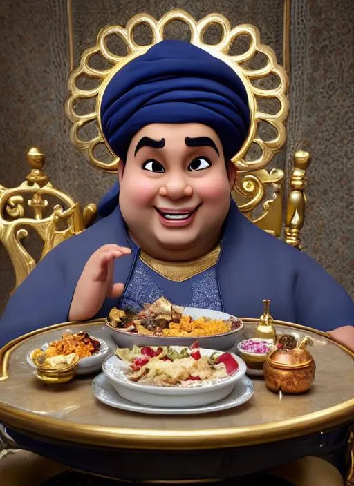 Prompt: Fat {Aladdin}, filled cheeks, dark grey{background}, sitting on chair, table, preparing to eat, perfect composition, hyperrealistic, super detailed, 8k, high quality, trending art, trending on artstation, sharp focus, studio photo, intricate details, highly detailed, by juhain Shabo 