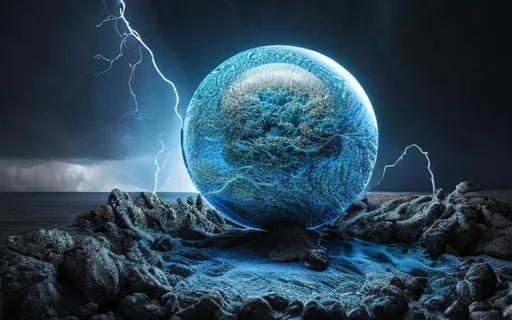 Prompt: Detailed 3D Blue Lightening with Storm clouds inside a sphere, intricate details, hyperdetailed, hyperrealistic,  HD, CG, Night sky with Moon