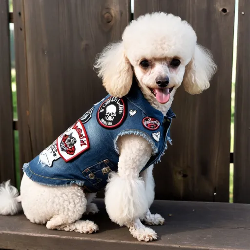 Prompt: Poodle wearing a heavy metal music denim vest with patches