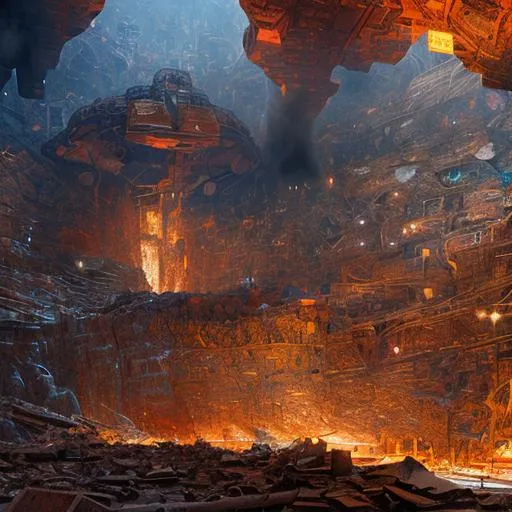 Prompt: (steampunk), Wide shot of mining large cavern filled with heaps of scrap metal, rocks, debris, corrosive, oxidized copper, highly detailed, digital painting, dnd, art by Stanley Lau and Artgerm and magali villeneuve and Alphonse Mucha, artstation, octane render, cgsociety