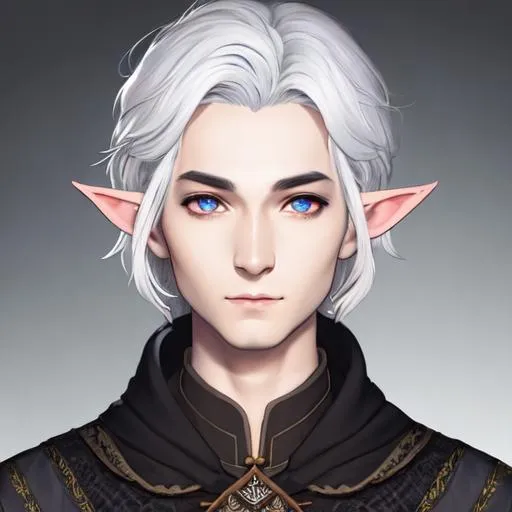 Prompt: half body portrait, male, drow, elf, ((gray skin:0.6)), detailed face, detailed eyes, full eyelashes, ultra detailed accessories, detailed village, village worker, background, simple apron, short messy hair, white hair, dnd, artwork, fantasy ,inspired by D&D, concept art, ((looking away from viewer)), ((muted colors)), ((faded colors)), art inspired by Agnes Cecile