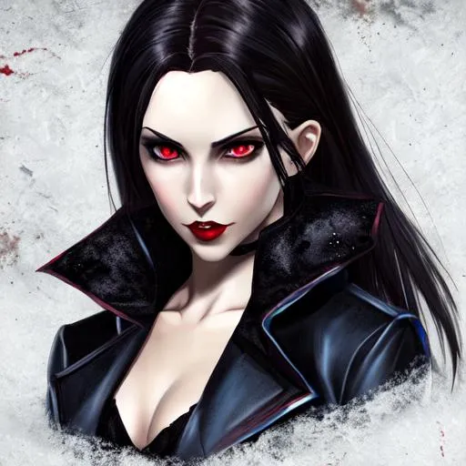 Prompt: Dark haired female vampire, realism, vampire the masquerade, half body picture, blue eyes, black coat