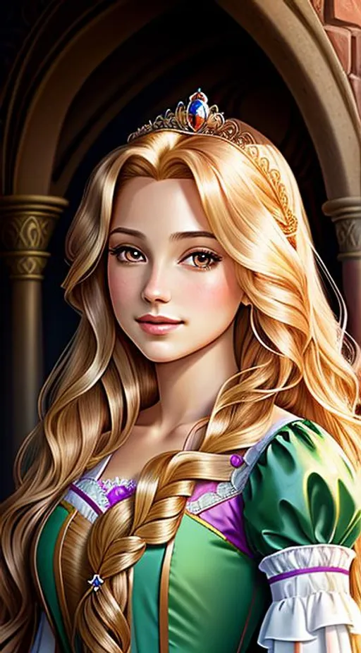 Prompt: portrait, long wavy hair, female, Illustration, princess dress, rapunzel