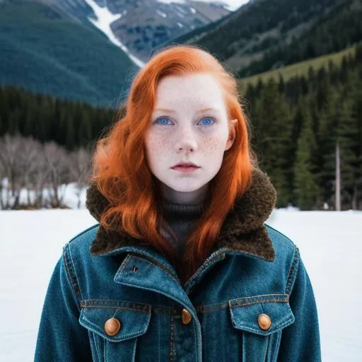 Prompt: RAW photography, Analog style, full-length portrait, wide field of view,

war girl, 18 years old, gorgeous oval face, tiny micro freckles, small nose, juicy lips, pointy chin, redhead ginger, big blue eyes, plump, in the mountains, wearing old, worn out military boots

hyperrealistic space 8k 18+ shot of the day beautiful epic high resolution