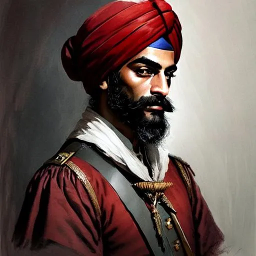 Prompt: A Qajar musketeer in guard position. He wields a musket and has a red turban on his head. He wears a simple xviii uniform.
Painted in orientalistic style 
Detailed, well draw face, well draw hands. 