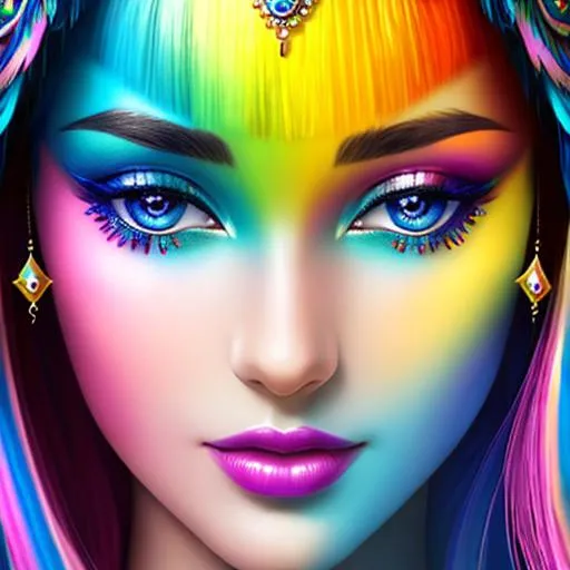 Prompt: fairy goddess of peacocks, vibrant color.facial closeup