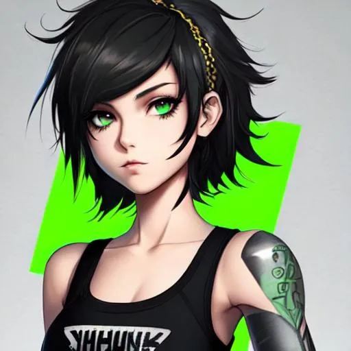 Prompt: An insanely beautiful girl around 17 years old. punk clothes. perfect anatomy, symmetrically perfect face. perfect grey eyes. beautiful short black wavy hair with green streaks. no extra limbs or hands or fingers or legs or arms.