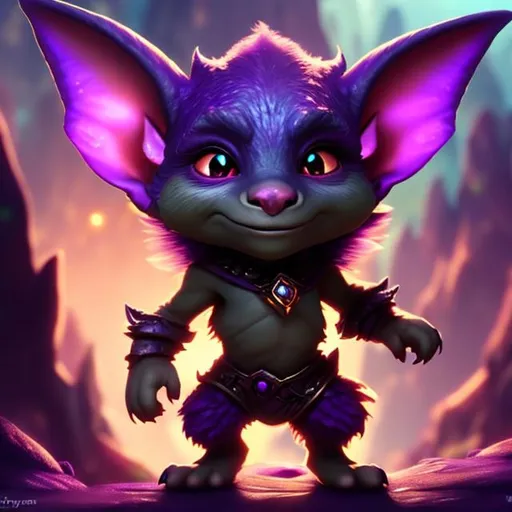 Prompt: Small goblin creature, purple skin, armored, big ears, big eyes, crystals, cliff side background, fantsy, magic, glow, dim lighting, misty, gems, adventure, evil
