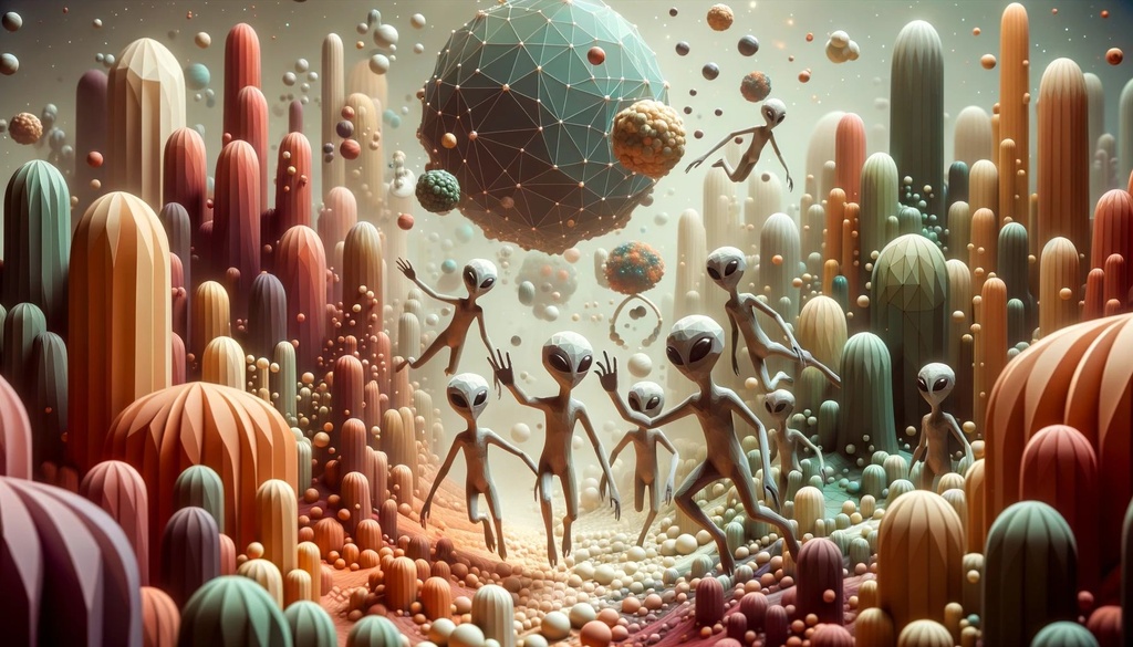 Prompt: digital art of aliens designed with polygonal vectors, moving in a surreal world filled with earthy organic forms, enhanced by an unearthly soft-focus technique, presenting a whimsical animation aesthetic.