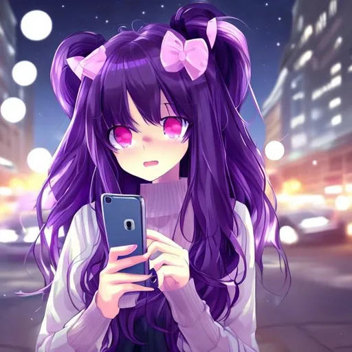 Prompt: cute anime girl looking on her phone at night in her bad , she have long purple hair and blue eyes and pilowes and bears