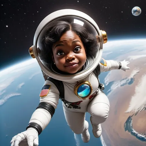 Prompt: You
Photo realistic style Looney tunes a little person fat short black woman in space suit floating out in space over the earth, a serene scene reflecting the vastness of space