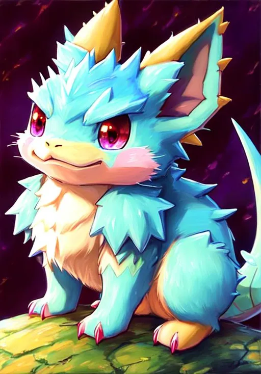 Prompt: UHD, , 8k,  oil painting, Anime,  Very detailed, zoomed out view of character, HD, High Quality, Anime, , Pokemon, Nidoran is a small, quadrupedal, mammalian Pokémon with hard scales. It has large, spiny ears; oversized front teeth; red eyes; and a pair of whiskers on each cheek. It is light blue with several darker blue spots. There are two white claws on each of its paws. Its back is covered with small toxic spines, and it has a small forehead horn.

The poisons secreted by the spines and horn are extremely potent, and even a scratch from its horn or a drop of poison from its barbs can be deadly. However, this docile Pokémon only uses its poison when it feels threatened.
Pokémon by Frank Frazetta