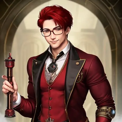 Prompt: A steampunk wizard with cherry red short hair and glasses, a muscular body fitted into a dressy suit, and a lascivious smirk 