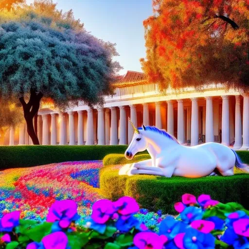 Prompt: 1900. a unicorn lying in a bed of flowers. A small garden of orange roses and blue morning glory flowers Lush, Trees. Greek columns, autumn vibes, clean, peaceful, blue sky. 