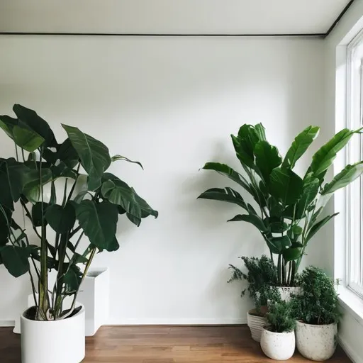 Prompt: a wide white wall, and a plant, wide shot