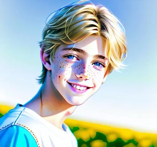 Prompt: Hyperrealistic Hyperrealism front view of face (headshot) (straight forward view) facing camera Beautiful young teen boy, (kid cole sprouse)+++ blond boy, straight hair, happy eyes, innocent, boy model, 16 years old, pretty, cute, freckles, cinematic lighting, blue sky, bright colors, blue, green, yellow, white,  luminous, hyperdetailed, great composition, professional, artstation award