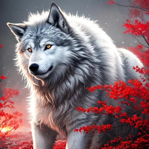 Prompt: (full body, professional oil painting, epic digital art, intricately detailed, best quality:1.5), insanely beautiful epic direwolf, thick frosted scarlet fur, glistening (silver eyes:15), gold magic fur highlights, 8k expressive big silver eyes, thick soft ethereal 8k fur, wispy fur, wispy hair, detailed face, intricate details, blue frost on forehead, gold crystals on crest, game of thrones, intricately detailed, masterpiece, symmetric, perfect composition, cinematic lighting, soft lighting, studio light, ambient gold light, 8k, complementary colors, golden ratio, high octane render, volumetric lighting, depth, realistic, highly detailed shading, unreal 5, enchanted woods, timid, ethereal, winter wonderland, snow falling, silver light columns, artstation, top model, sunlight on fur, intricate hyper detailed breathtaking colorful glamorous scenic view landscape, Yuino Chiri, ultra-fine details, hyper-focused, deep colors, dramatic, blizzard, medium full body, intricate detail, high quality, high detail, masterpiece, intricate facial detail, high quality, detailed face, intricate quality, intricate eye detail, highly detailed, high resolution scan, intricate detailed, highly detailed face, very detailed, high resolution