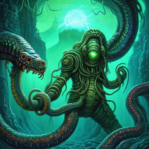 Prompt:  fantasy art style, painting, deep ocean, ancient, Mayan, Aztec, green, green lights, green neon lights, lightning, colourful, murky, H. R. Giger, waves, misty, biological mechanical, pipes, snakes, serpents, eels, tentacles, octopus, jellyfish, squid, giant robot, pregnant robot