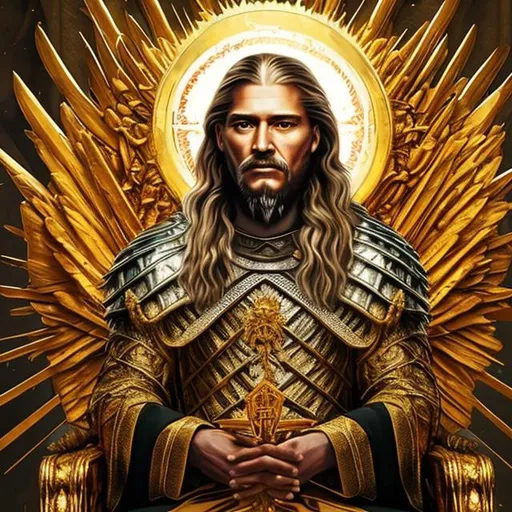 Prompt: A mighty King sitting on a golden holy throne who looks like a combination between Jesus Christ, John Snow, Jordan B. Peterson, Ned Stark and Tywin Lannister. With an orthodox halo.