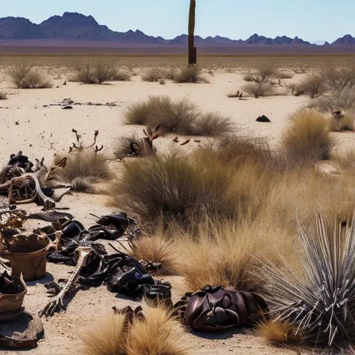 Prompt: Desert, lake , grasses , palm, bones of dead animals