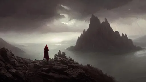 Prompt: fantasy concept art by greg rutkowski, hooded figure in the  foreground looks out over a luminous landscape, phosphorescence, ominous sky, dense lightning, fog, Scotland, exegol, rock outcroppings,  gestural oil painting style, backlit, cinematographic morning light, artstation hq, 