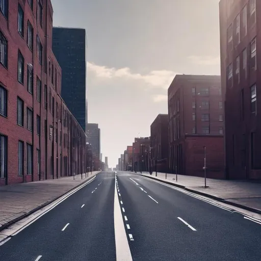 Prompt: 1970s tall brick buildings black road 1970s black cars on black road city background birds eye veiw Light blue sky nice weather city background realistic high quality 4k