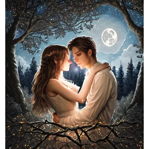 Prompt: Two lovers intertwined together under the full moon in a starry night sky with a soft wind blowing, hyperdetailed features, photorealistic, high quality, trending on artstation, intricately detailed, in forest, in tree, happy