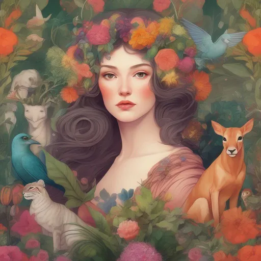 Prompt: Colorful and beautiful Persephone as an angle surrounded by plants and animals
