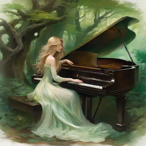 Prompt: Digital art in the style of Antonio J. Manzanedo, James jean, Brian froud of an enchanting piano recital set within a serene forest clearing, a grand piano as the centerpiece, the musician, a young woman with flowing locks and an elegant gown, gracefully playing amidst the vibrant green foliage and deep brown tree trunks, her fingers dancing across the keys with an air of passion and skill, soft pastel colors adding a touch of whimsy, warm, dappled sunlight filtering through the leaves, casting a dreamlike glow on the scene, a captivating blend of art and the natural world, Mysterious