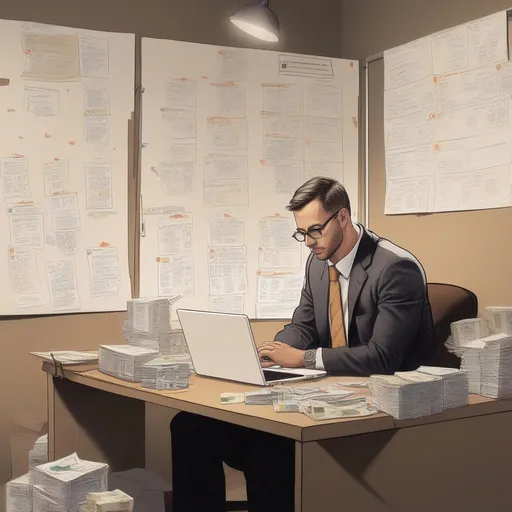 Prompt: A man in corporate attire sits engrossed staring at a laptop on a table that has a phone, a light bulb, some dollars and two cardboard boxes kept over it. Behind him is a Kanban board with three columns ToDo, In Progress and Done.