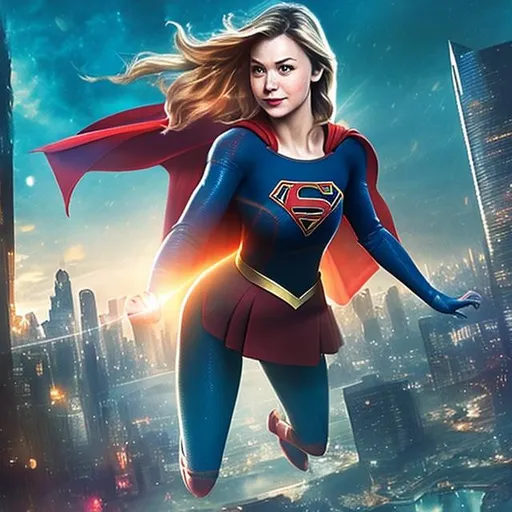 Prompt: Consider incorporating a cityscape or a scene that reflects Supergirl's environment. This can help set the tone and context for the artwork.