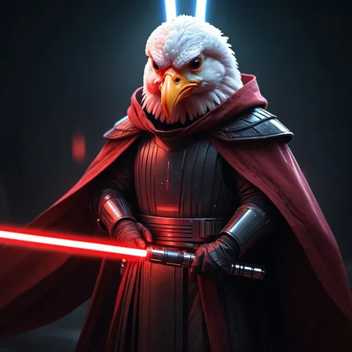 Prompt: sith chicken wielding a red lightsaber, detailed armor and cloak, high quality, digital illustration, sci-fi, fantasy, cool tones, intense lighting