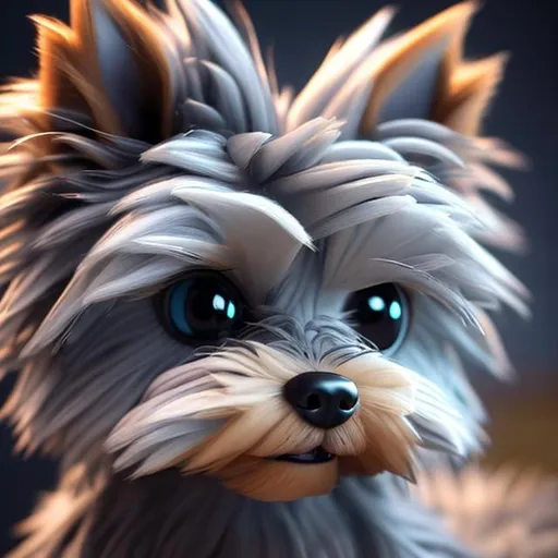 Prompt: 3d fluffy SILVER YORKSHIRE TERRIER, closeup cute and adorable, cute big circular reflective eyes, long fuzzy fur, Pixar render, Unreal Engine cinematic smooth, intricate detail, cinematic