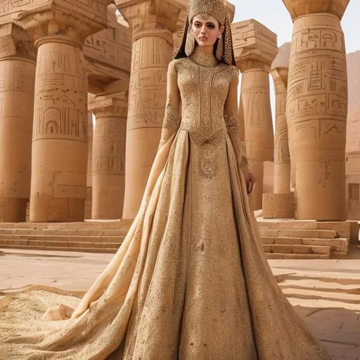 Prompt: A women's wedding dress with heritage and pharaonic inscriptions in golden color and pharaonic inscriptions mixed with the modern cut