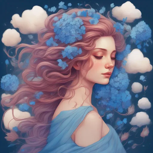 Prompt: A beautiful and colourful Persephone whose hair is made of clouds that rains down blue flowers in a painted style