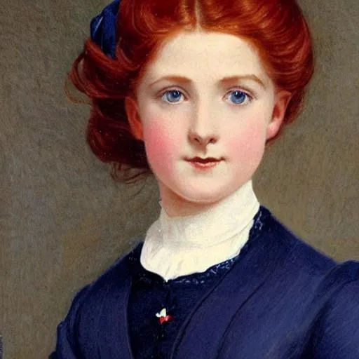 Prompt: portrait of a beautiful Victorian girl with red hair and dark blue eyes wearing a dark blue school uniform. Gazing wistfully to the side with a smile