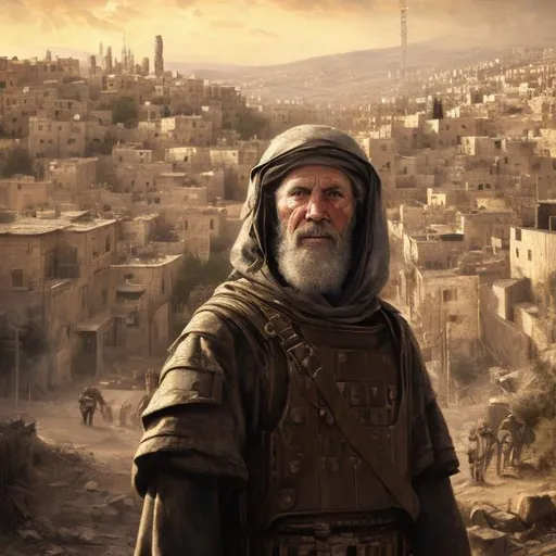 Prompt: Portrait of 80 years old of Caleb from the Bible with Israelian war suit, background the city of Hebron, perfect composition, hyperrealistic, super detailed, 8k, high quality, trending art, trending on artstation, sharp focus, studio photo, intricate details, highly detailed, 