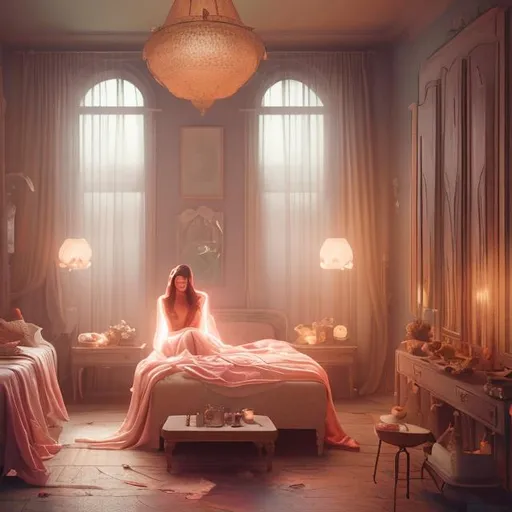 Prompt: [ ] Digital painting showing the suffering of women,sitting on a bed in a cosy vintage bedroom, octane render by weta digital, exotic colorful pastel, ray traced lighting and reflection