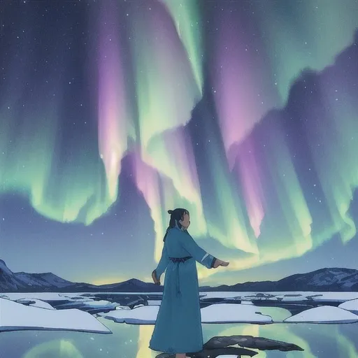 Prompt: Large Nawrwhal spirit, inuit, aurora borealis, blue