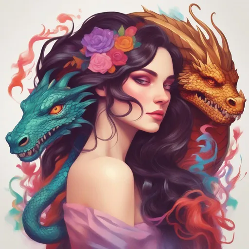 Prompt: A colourful and beautiful Persephone, brunette hair and with her hair being made out of magic, with a dragon in a painted style