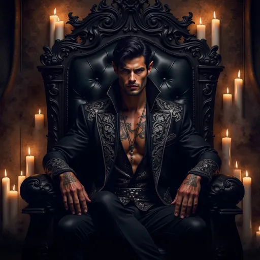 Prompt: A dark fantasy illustration of @E9F5IeylWCK78nhhDgNv, a male elf warrior with black hair and violet eyes, sitting on an imposing obsidian throne in a shadowy room illuminated by flickering candles casting eerie shadows on the walls. He is adorned in intricate black royal regalia, featuring ornate patterns and metallic accents that glint in the candlelight. His expression is condescending, with narrowed eyes and a slight smirk, emphasizing his authority. The atmosphere is thick with tension, and the faint scent of wax fills the air, while the soft glow of the candles creates a dramatic contrast against the darkness surrounding him. The throne is positioned center-frame, commanding attention in the dimly lit space.