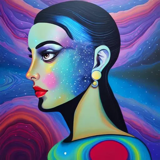 Prompt: Surreal portrait of beautiful female, cosmic landscape background, acrylic on canvas in style of post modernism 