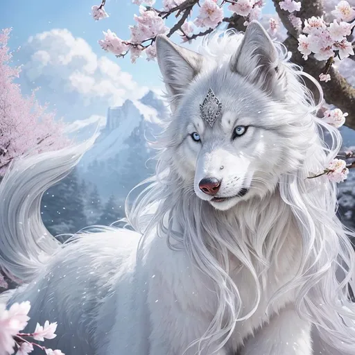 Prompt: highly detailed Portrait of alluring fantasy silvery-white ((wolf)), gorgeous, stunning, billowing voluminous mane, gleaming ice blue eyes, photorealistic quality, in magical environment, furry tail, cherry blossoms, sakura trees, frosted blossoms, frosted fur, highly stylized face and tail, extremely beautiful, intricate detailed, extremely complex art, masterpiece, by Thomas Kinkade, by Ismail Inceoglu, trending on Instagram, artstation, highly detailed eyes, 8k eyes, HARDWARE Photographic Art Direction, WLOP 5, realistic canine body, centered, anime Character Design, Unreal Engine, Beautiful, Tumblr Aesthetic,  Hd Photography, Hyperrealism, Beautiful oil Painting, Realistic, Detailed, Painting By Olga Shvartsur, Anne Stokes, Svetlana Novikova, Fine Art