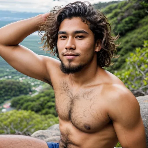 Prompt: close up photo of very handsome, 20 year old Hawaiian man looking at the camera, wavy hair cut medium length, with a trimmed beard, very hairy chest and armpits, mountain top vista, centered in frame, 85mm lens, f8, photography, intricate details, very detailed eyes, correct perspective, natural light