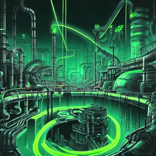 Prompt: megatropolis sewer with neon green, radioactive water flowing from pipes, black and green industrial sewer 