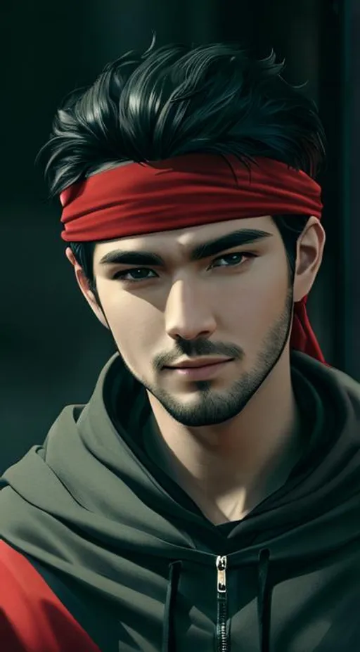 Prompt: UHD,  8k, Very detailed, panned out view, whole character, male adult, visible face, hoodie, street background, red bandana around head, skinny face, enthusiastic face, wild black hair