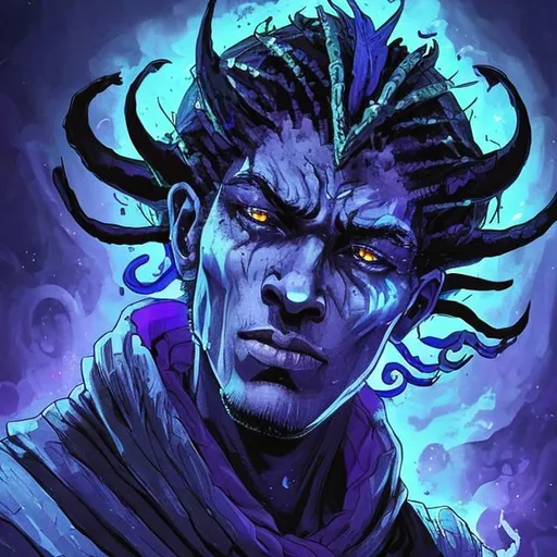Prompt: “He looked the most human of anyone I’d seen, and yet he clearly wasn’t human. His face was a rich blue, shining with a beautiful iridescence in the sunlight. His inky-black hair looked like a true black, throwing off purple and blue highlights. Dark-purple horns crowned his head, one set pointing straight up while a second sat curved down around the sides. Black pants covered his long legs, and something like a long-sleeved T-shirt clung to the muscles of his wide chest and well-defined arms. The triangular tip of a narrow tail poked up above his shoulder, held close to his body. He carried himself like a fighter, moving through the crowd with the kind of controlled strength you got from doing a martial art for years. The gun on each hip added to the feel.”