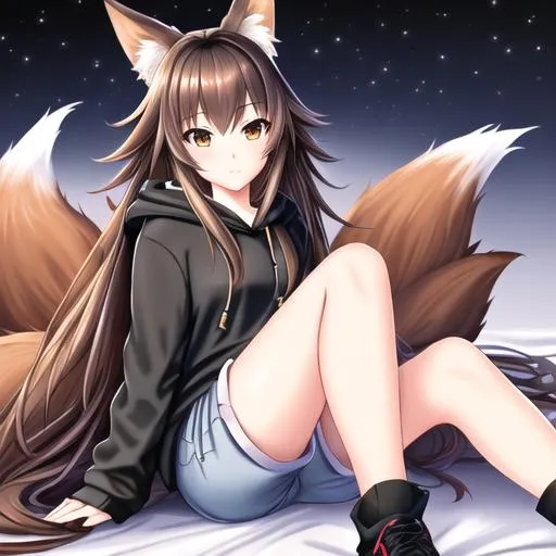 Prompt: oil painting, UHD, hd , 8k,  anime, hyper realism, Very detailed, zoomed out view, clear visible face, full character in view, clear visible face, fox girl character with long dark brown hair, wears a black oversized hoodie and shorts, lay in bed