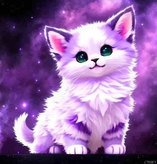 Prompt: Cute, purple, fluffy, fantasy space kitten, with starry, purple eyes, purple fur, and possessing the element of space and making circles of stars
 move around in the air in a magical way, in a space background. Perfect features, extremely detailed, realistic. Krenz Cushart + loish +gaston bussiere +craig mullins, j. c. leyendecker +Artgerm.